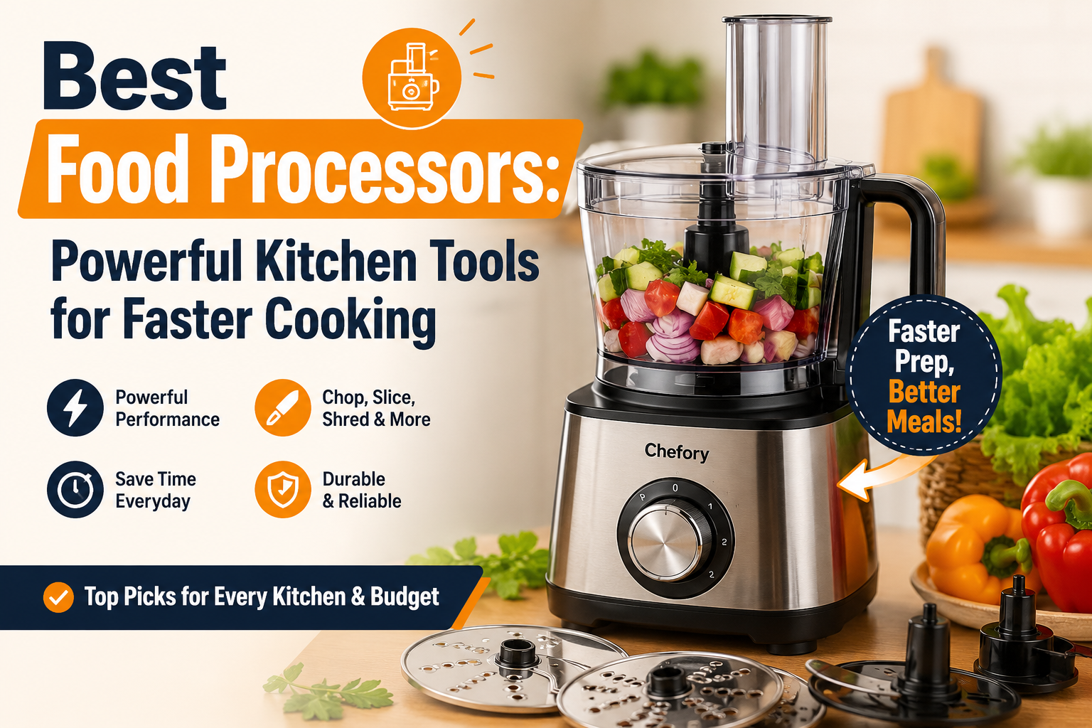 Best food processor on a modern kitchen counter with fresh vegetables and interchangeable blades for faster cooking and meal preparation.