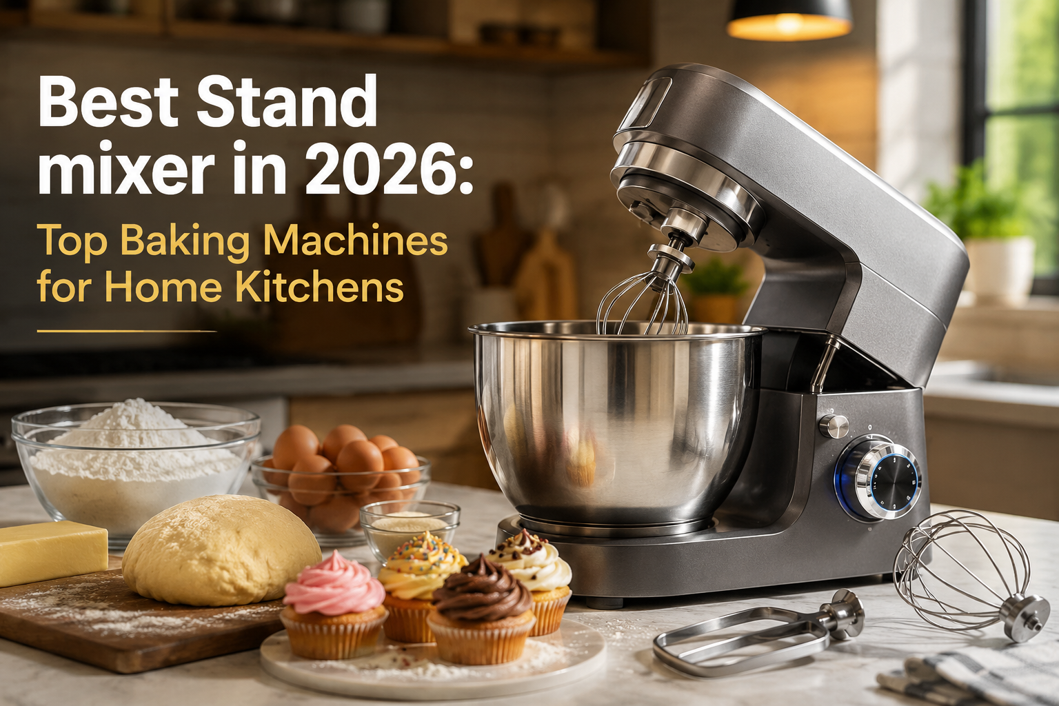 Best Stand Mixer in 2026 displayed on a modern kitchen countertop with baking ingredients, stainless steel mixing bowl, dough, flour, eggs, and cupcakes.