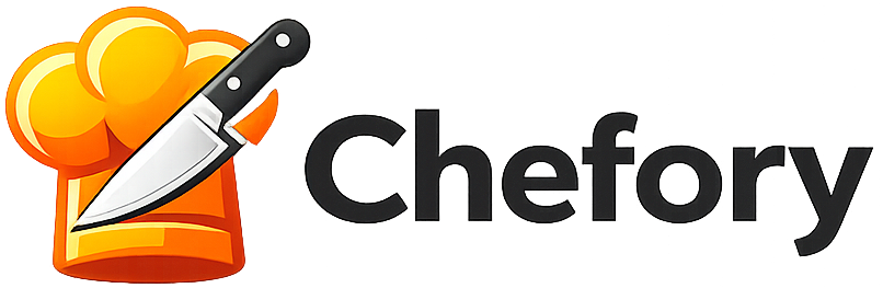 Chefory logo featuring a chef hat and kitchen knife for a kitchen products and cooking reviews website.